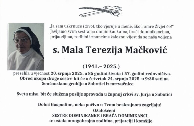 Obavijest o smrti s. Male Terezije Mačković